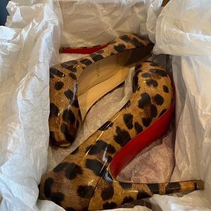 Christian Louboutin Peep Toe Patent Leather Leopard Print Heels